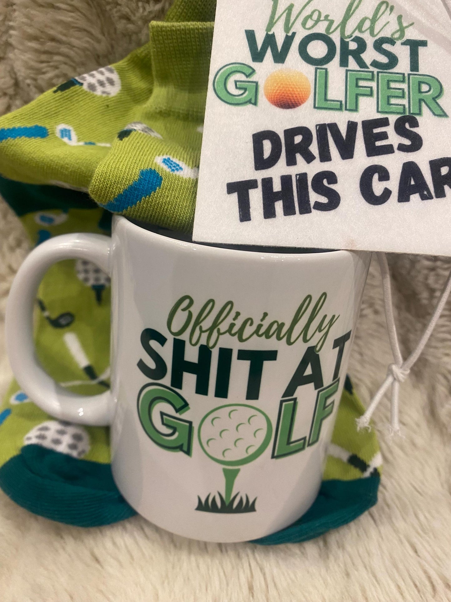 Officially Shit at Golf funny mug with air freshener and socks gift set