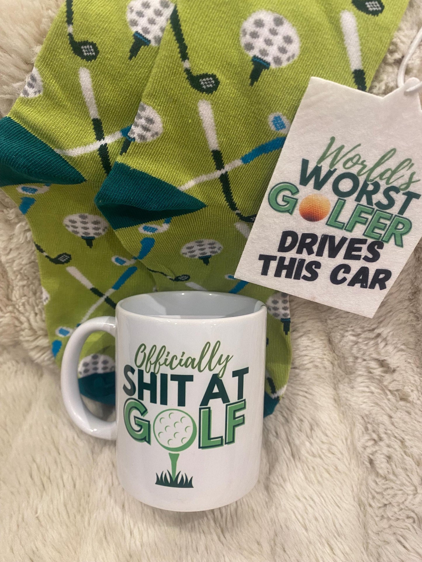 Officially Shit at Golf funny mug with air freshener and socks gift set
