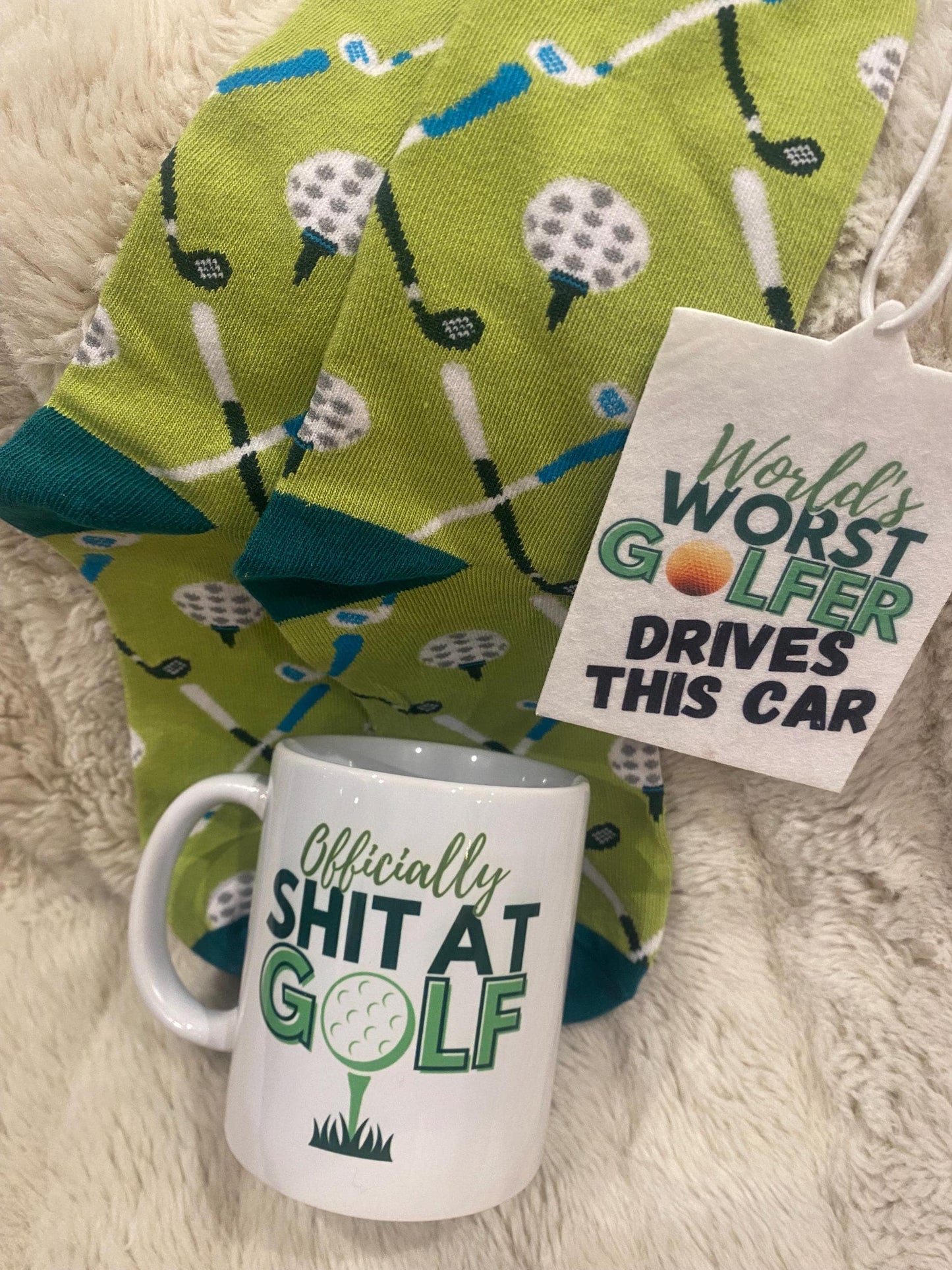 Officially Shit at Golf funny mug with air freshener and socks gift set