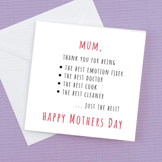 Mum Thank you for being Just the Best  - This card can be personalised if you wish or left with our words