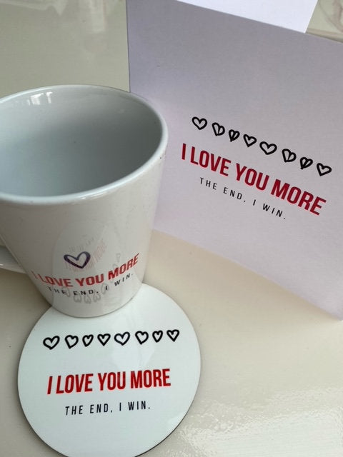 I Love you More Gift Set includes Latte Mug, Coaster and Card