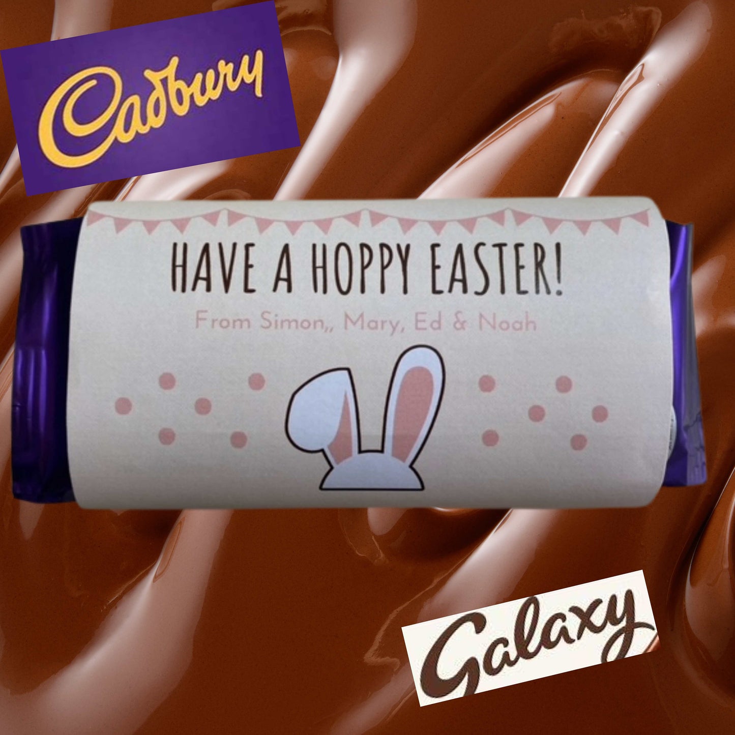 Personalised Hoppy Easter wrapped Chocolate Bar choose from Galaxy or Cadburys