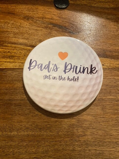 Wooden Coaster printed with golf ball design 'Dads Drink' or I can personalise with any name. – Greeting Card