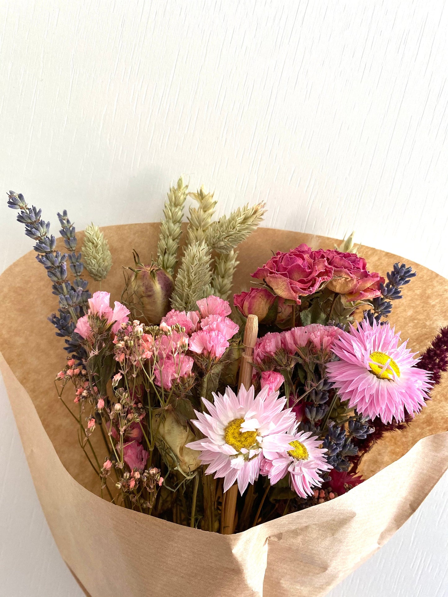 Dried Wildflower Field Bouquet Beautiful Natural Pink colours gift packaged with a free card of choice
