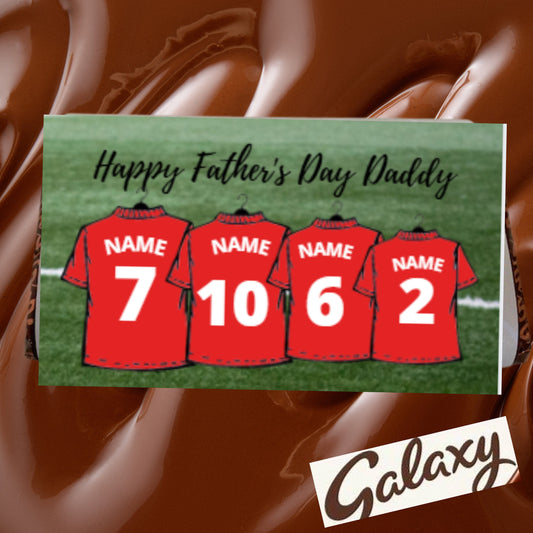 Bar of Galaxy Chocolate Personalised with any Team Colours and Names on shirts amount of shirts can be changed