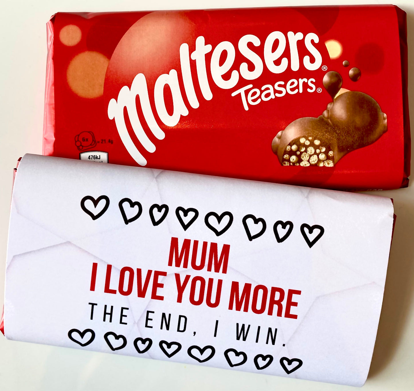 Mum I Love You More wrapped bar of Malteser chocolate.