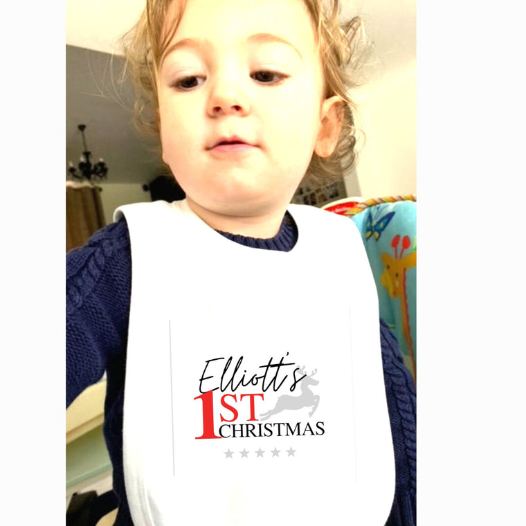 Personalised 1st Christmas Baby Bib, personalised for any name – Greeting Card