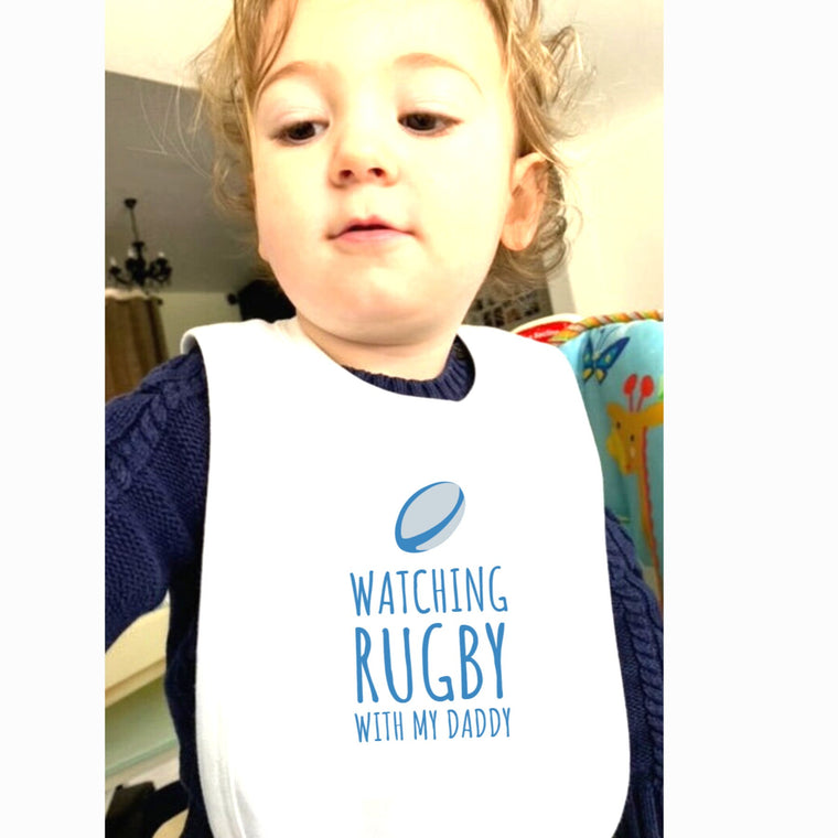 Watching Rugby with Daddy Baby Bib, new dad Rugby fan gift – Greeting Card