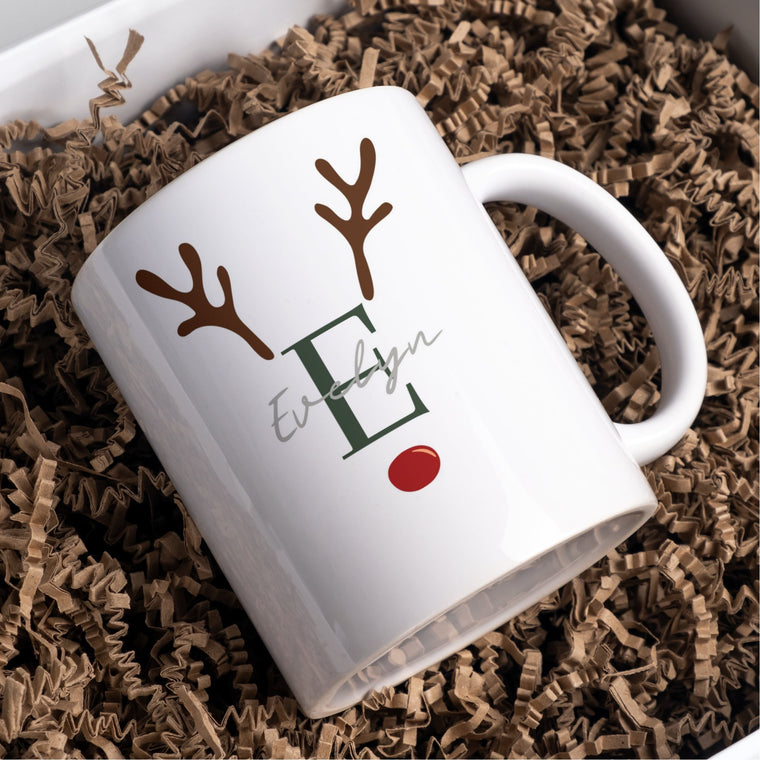 Personalised name reindeer mug – Greeting Card