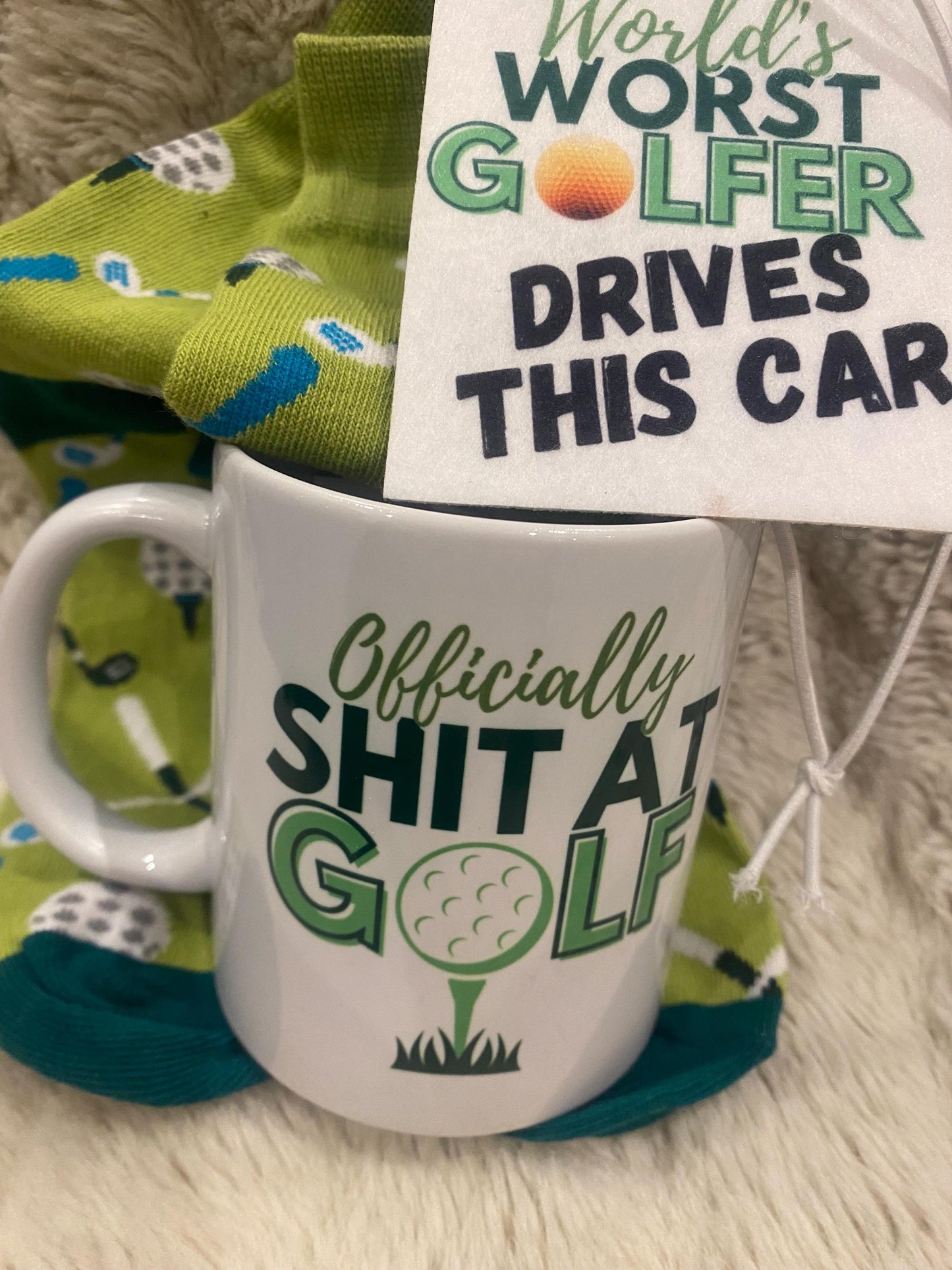 Officially Shit at Golf funny mug with air freshener and socks gift set