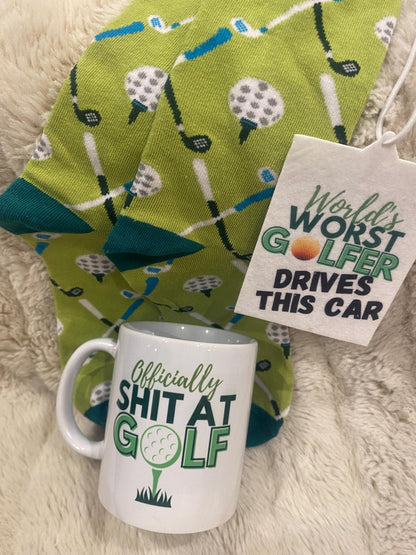 Officially Shit at Golf funny mug with air freshener and socks gift set