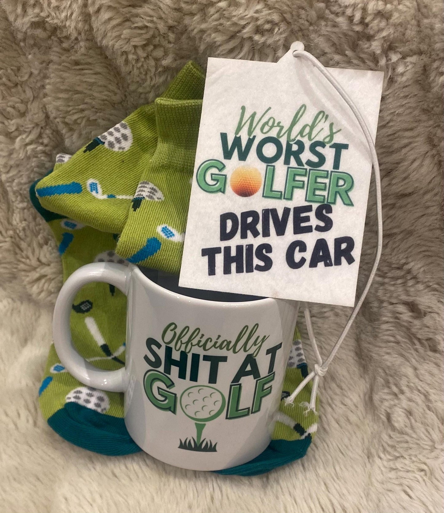 Officially Shit at Golf funny mug with air freshener and socks gift set