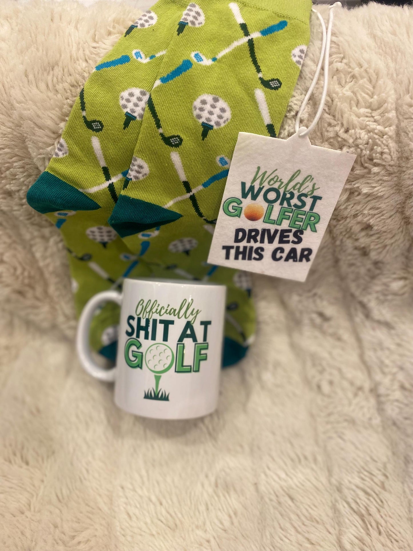 Officially Shit at Golf funny mug with air freshener and socks gift set