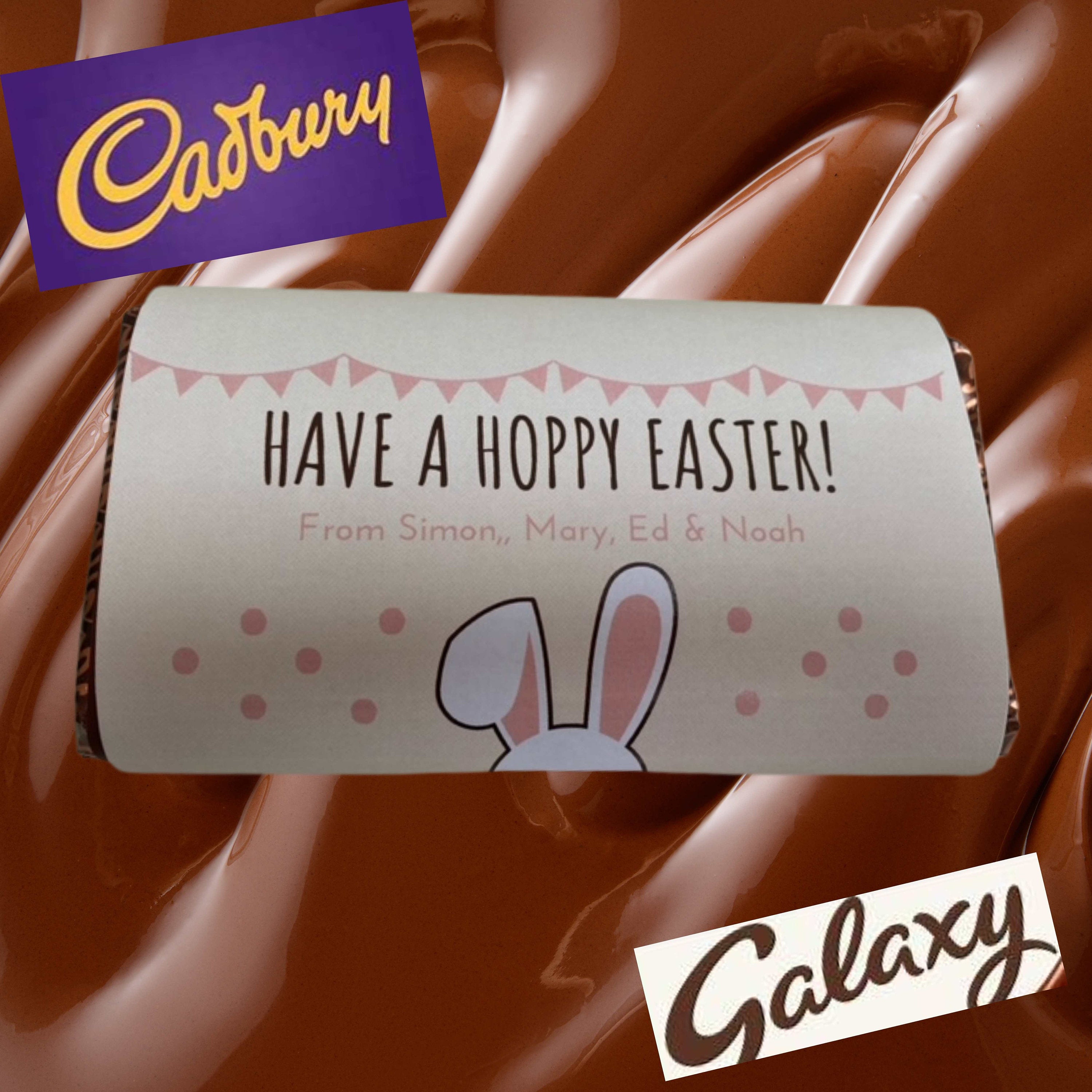 Personalised Hoppy Easter wrapped Chocolate Bar choose from Galaxy or Cadburys