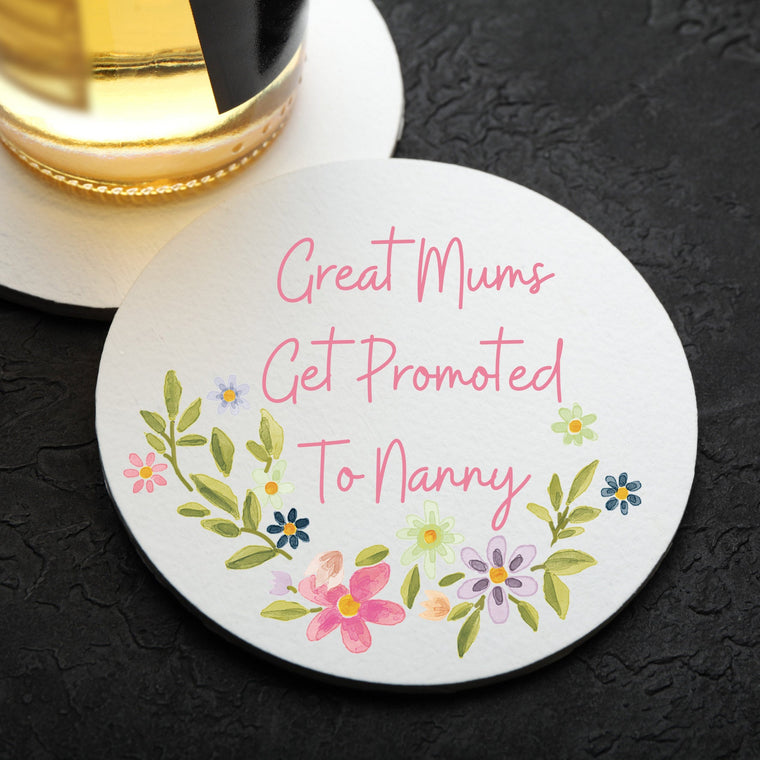 Great mums get promoted to Nanny personalised wooden coaster – Greeting Card