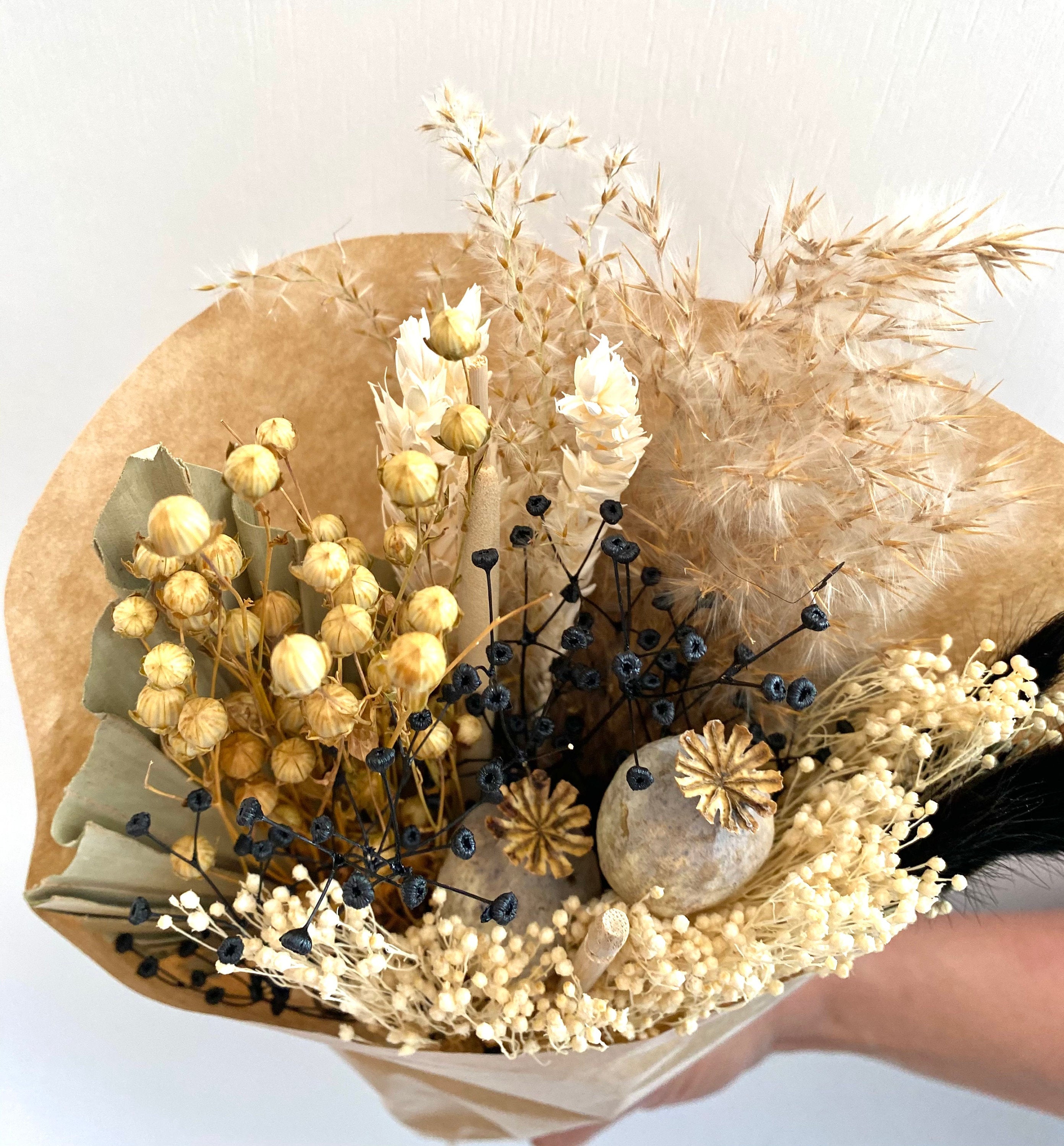 Dried Wildflower Field Bouquet Beautiful Natural colour Flower assortment with Black accents gift packaged with a free card of choice