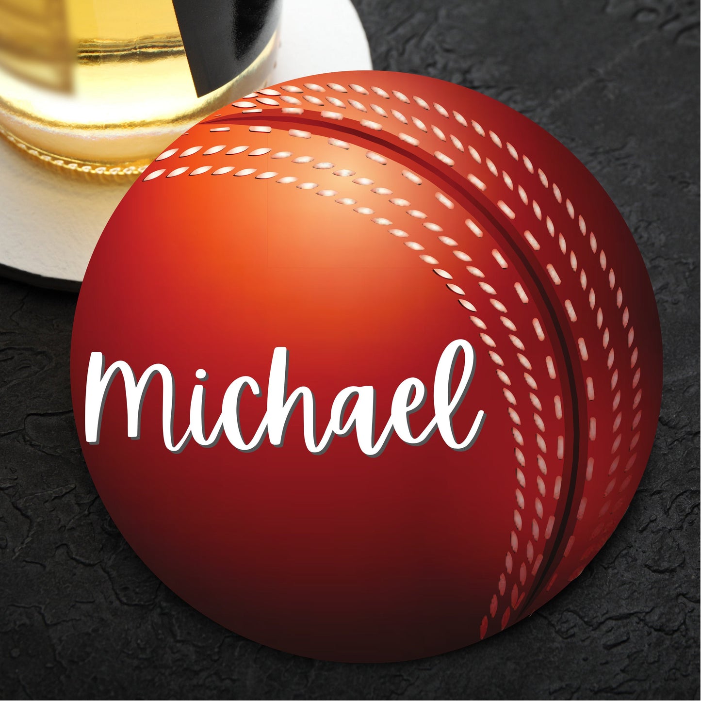 Cricket Ball personalised with a name wooden coaster