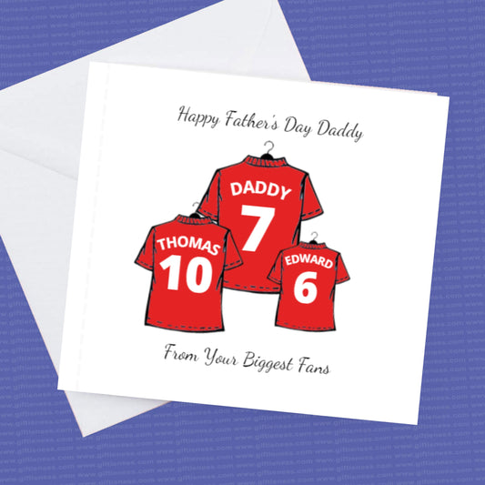 Fathers Day football team personalised shirts Card, all teams available, any number of kids shirts too