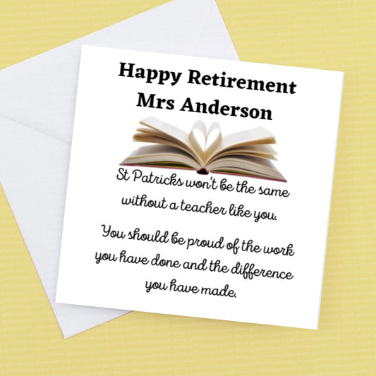 Happy Retirement Card, Personalised for a Teacher with name and school personalisation
