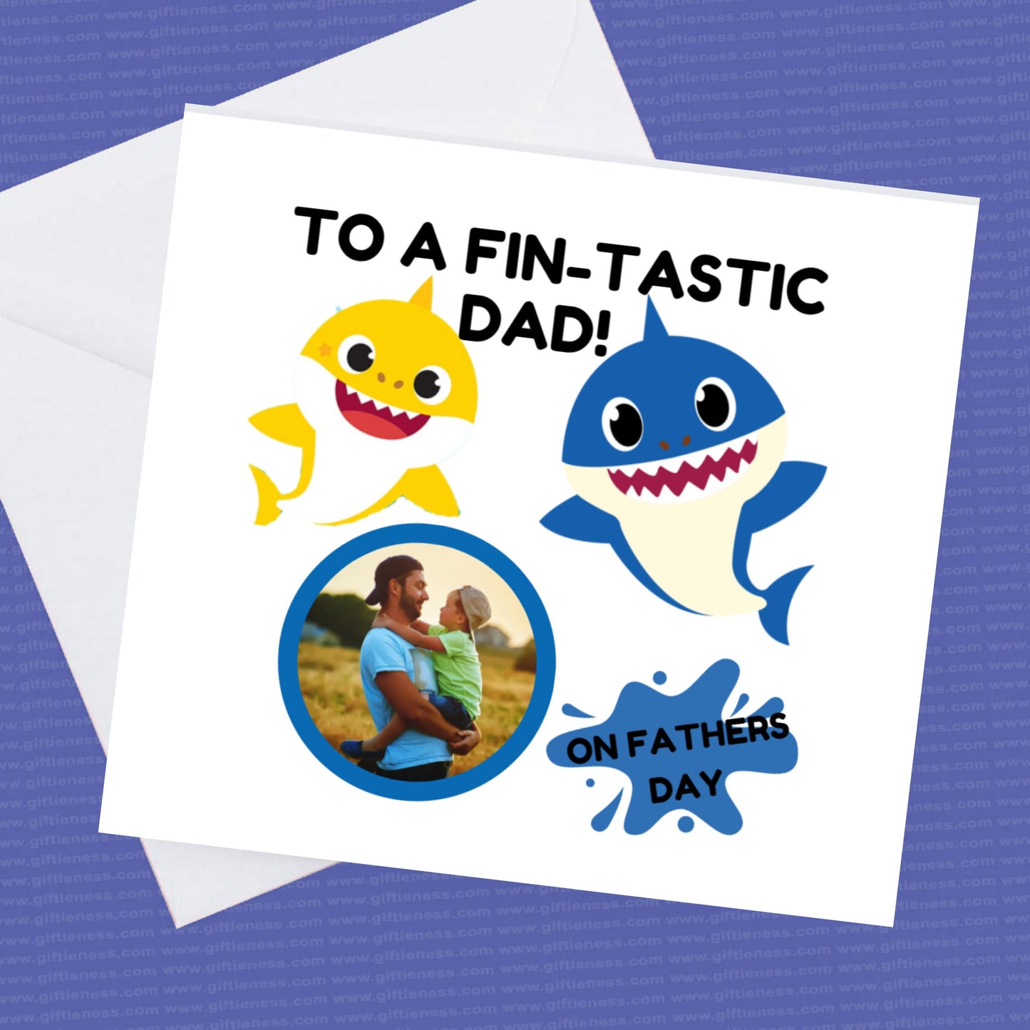 Baby Shark Fathers Day Card and envelope personalised with picture Daddy shark