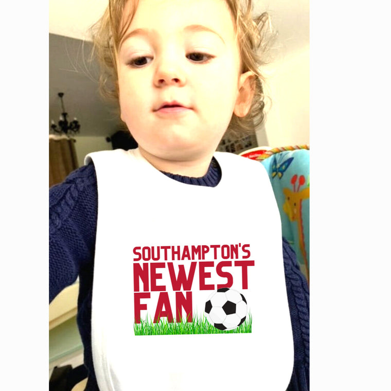 Footballs Newest Fan Baby Bib, Personalised to Any Team And Team colours – Greeting Card