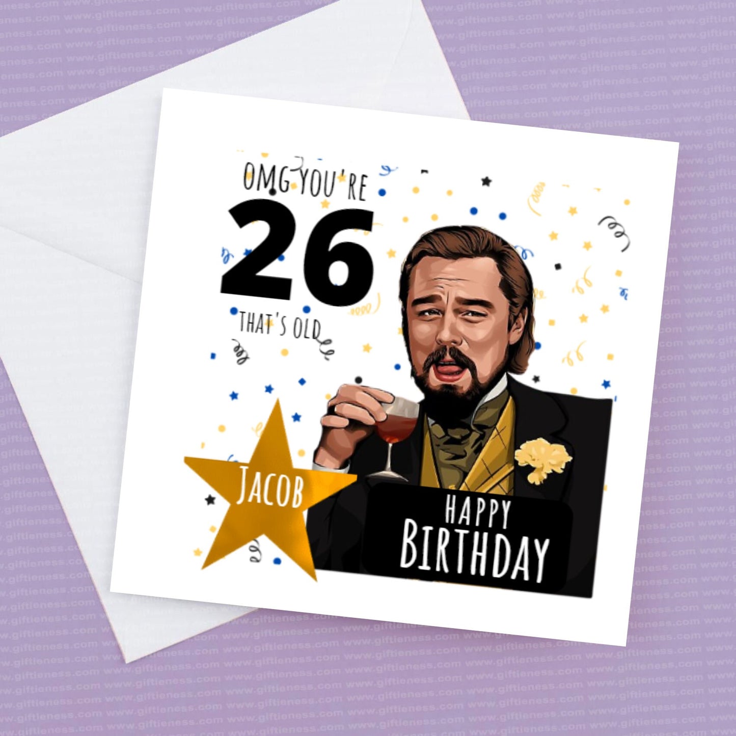 Personalised Leonardo Dicaprio Birthday card, Age and Name can be personalised