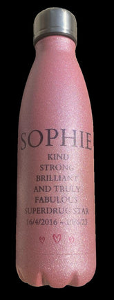 Glitter pink water bottle personalised with name and message – Greeting Card