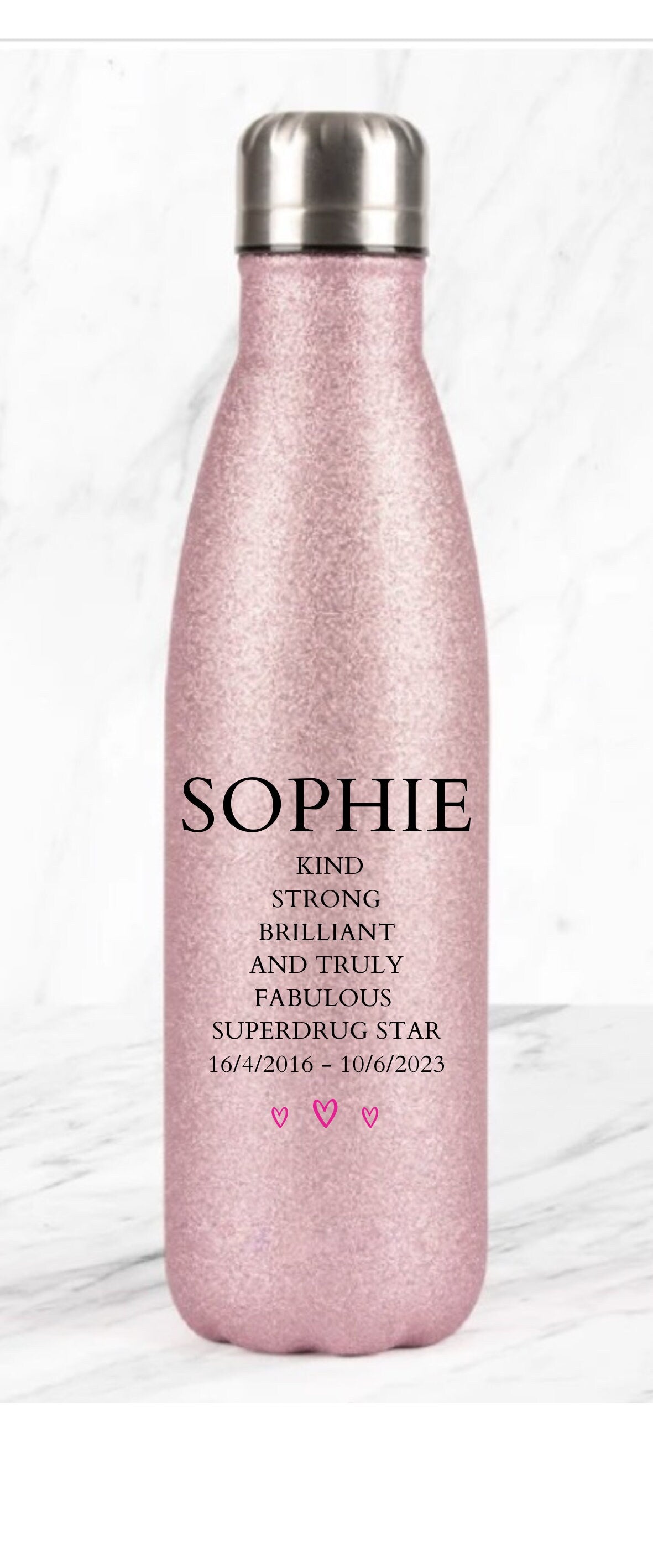 glitter pink water bottle personalised with mum message