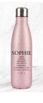 Glitter pink water bottle personalised with name and message – Greeting Card