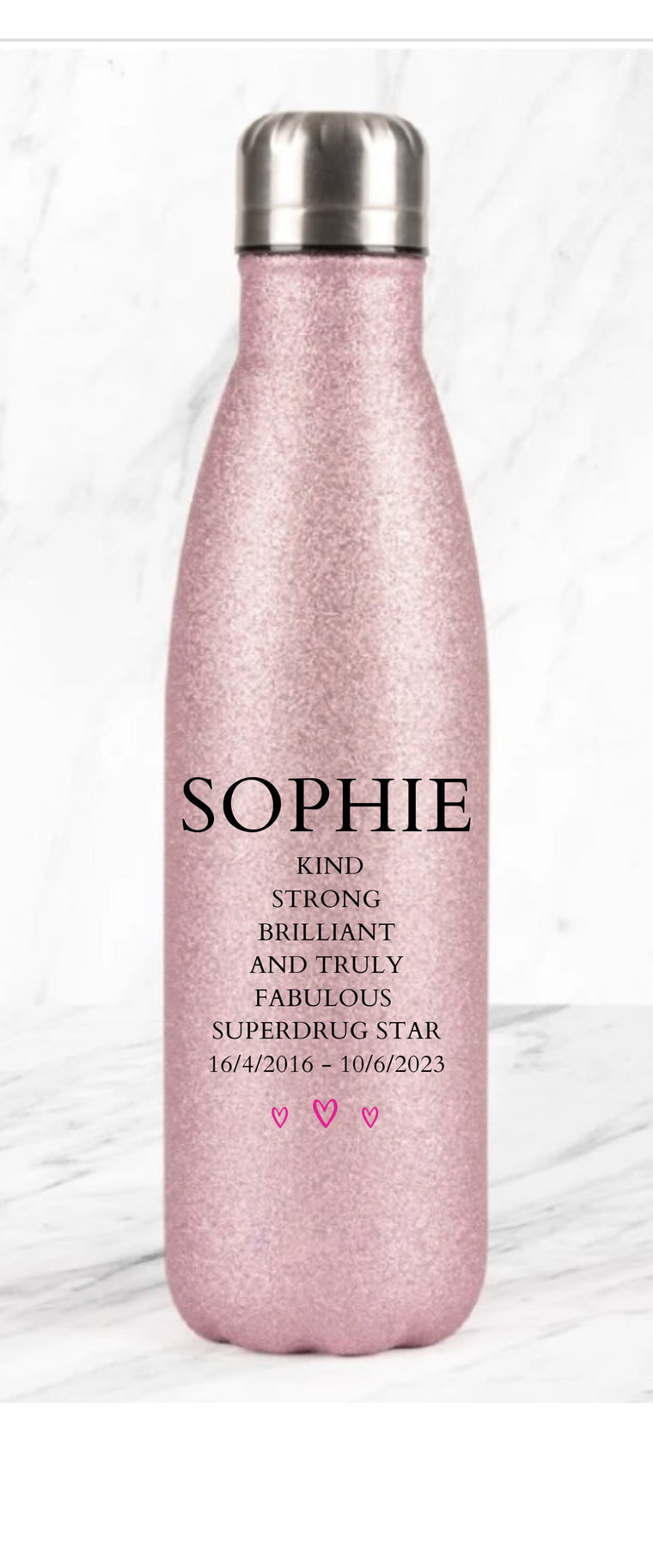 Glitter pink water bottle personalised with name and message – Greeting Card