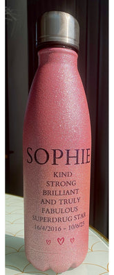 Glitter pink water bottle personalised with name and message – Greeting Card
