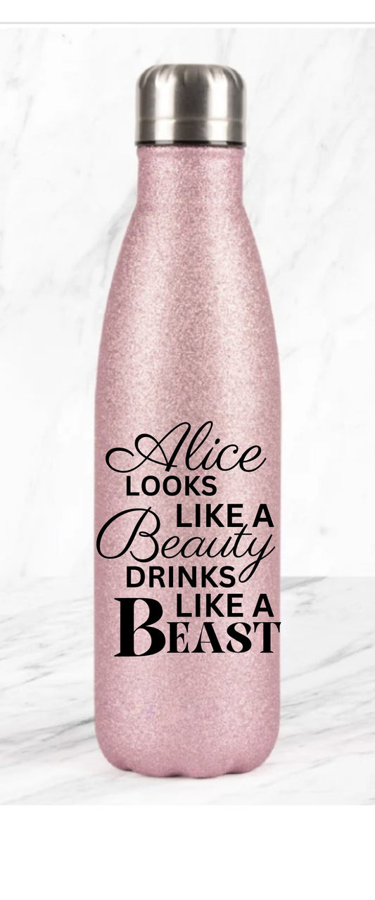 glitter pink water bottle personalised looks like a beauty drinks like a beast