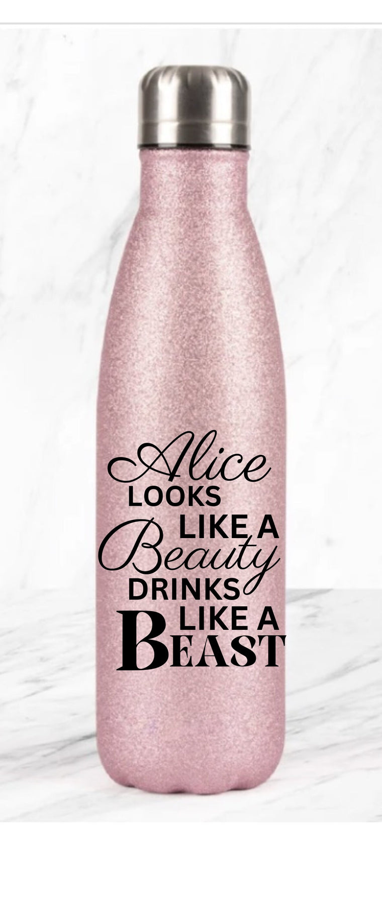 Glitter pink water bottle personalised looks like a beauty drinks like a beast – Greeting Card